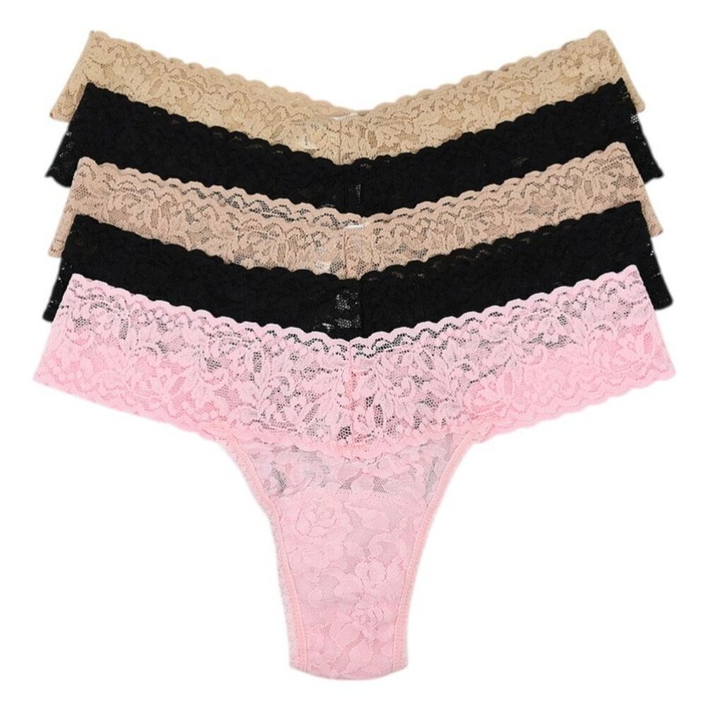 Hanky Panky Lace Thong 4-Pack in Pink, Black, and Nude